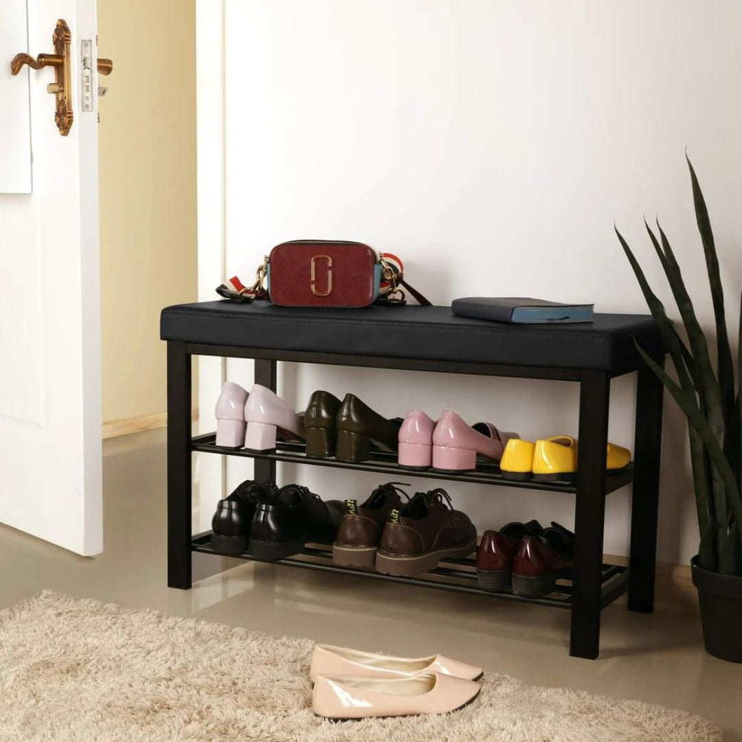 3 Tier Shoe Bench With Cushion & Storage Shelves Entryway Unit