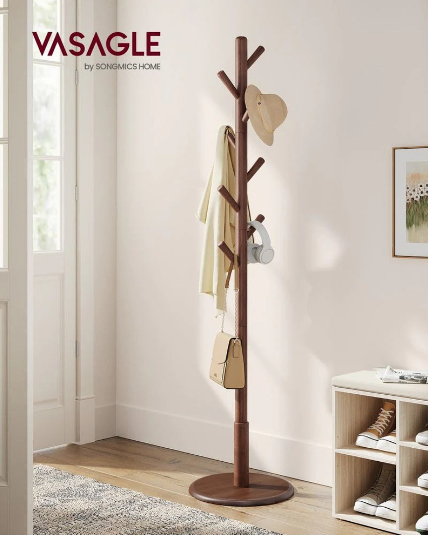 Solid Wood Coat Rack With 7 Hooks, Adjustable Freestanding Stand
