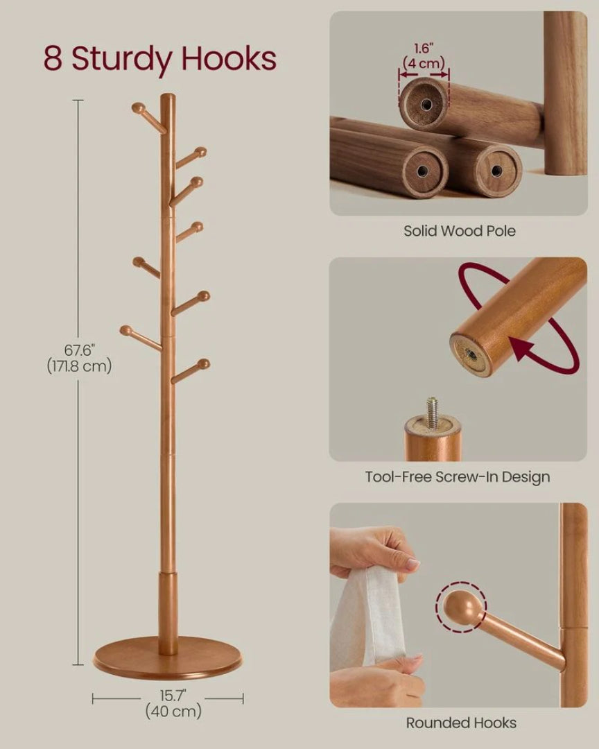Solid Wood Coat Rack With 7 Hooks, Adjustable Freestanding Stand