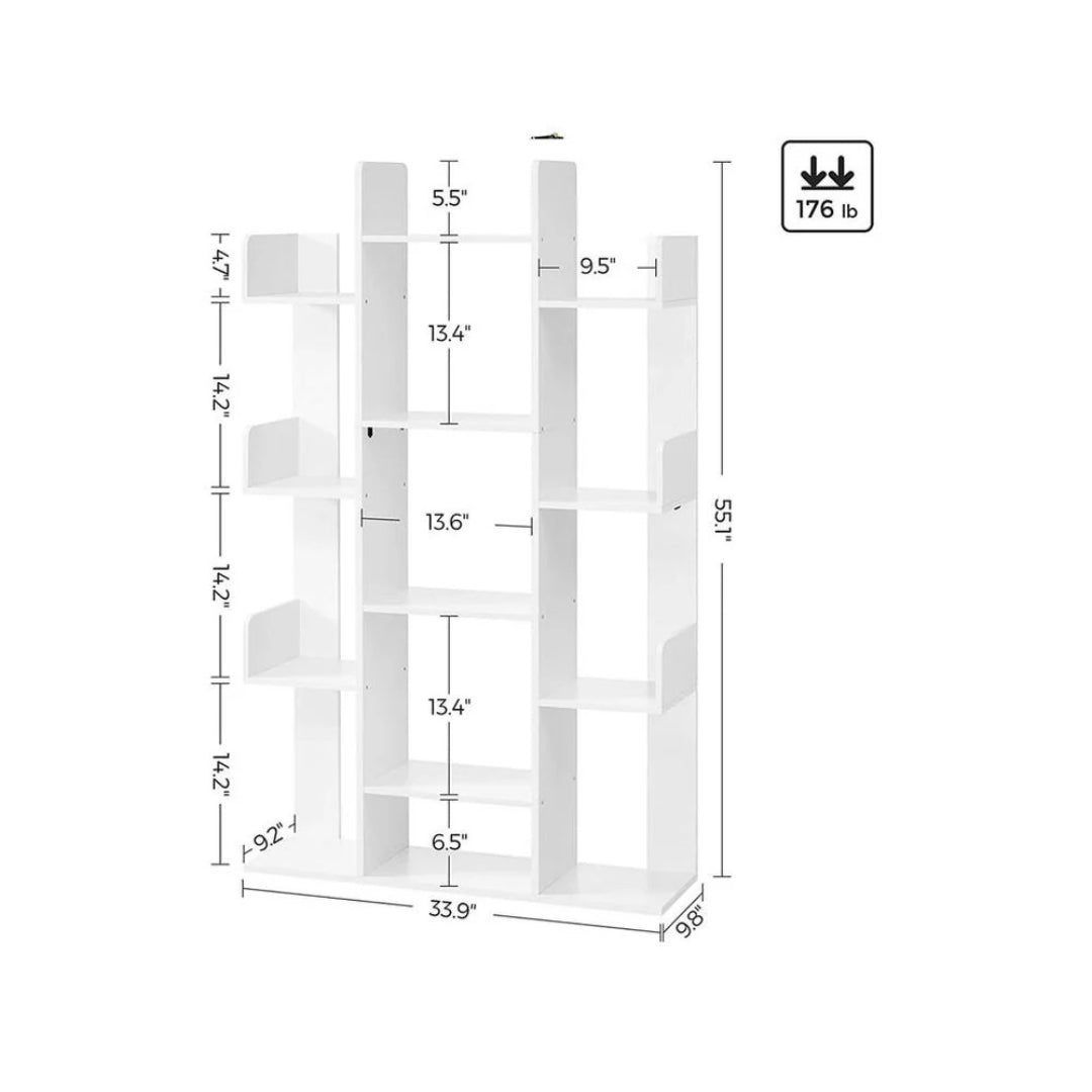 Tree Shaped Bookcase With 13 Storage Compartments, Space Saving Shelf