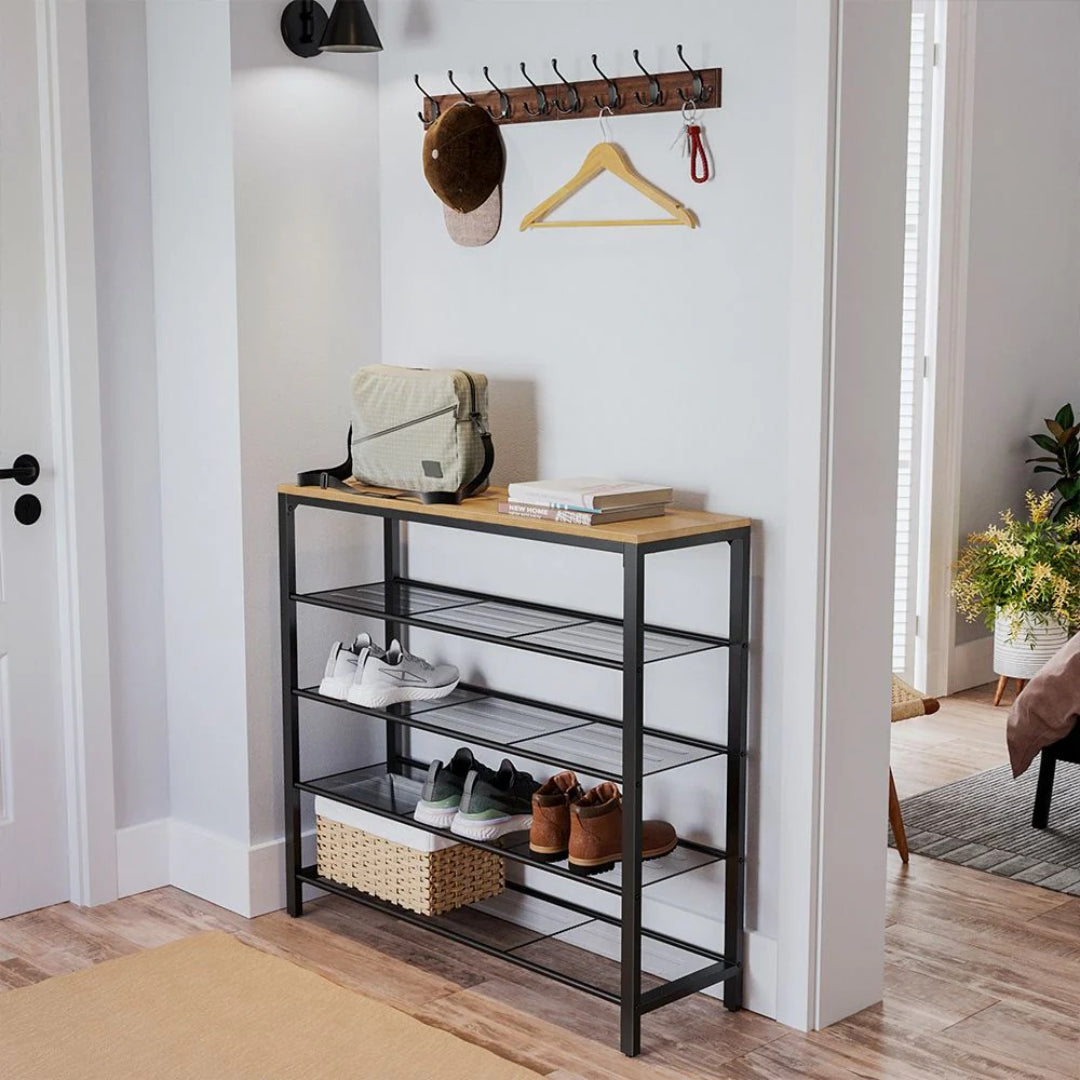 5 Tier Shoe Rack With Mesh Shelves & Storage Top Organizer