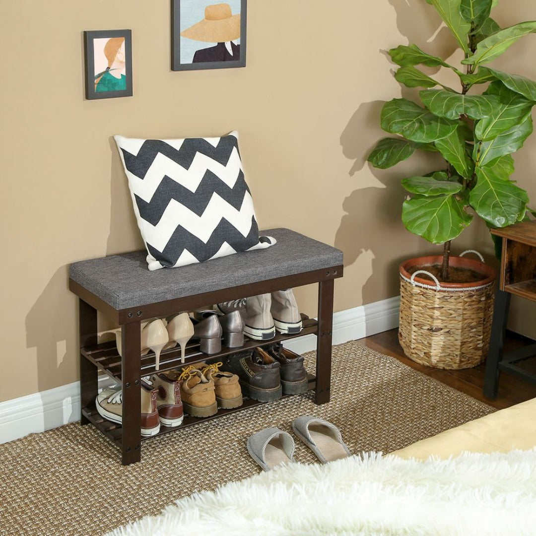 Shoe Organizer Bench With Cushion & 2 Shelves, 28 Inch Unit