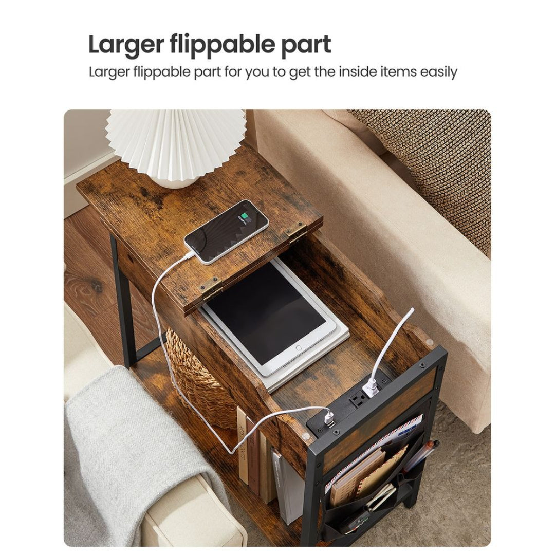 End Table With USB Ports And Power Outlets Storage Shelf