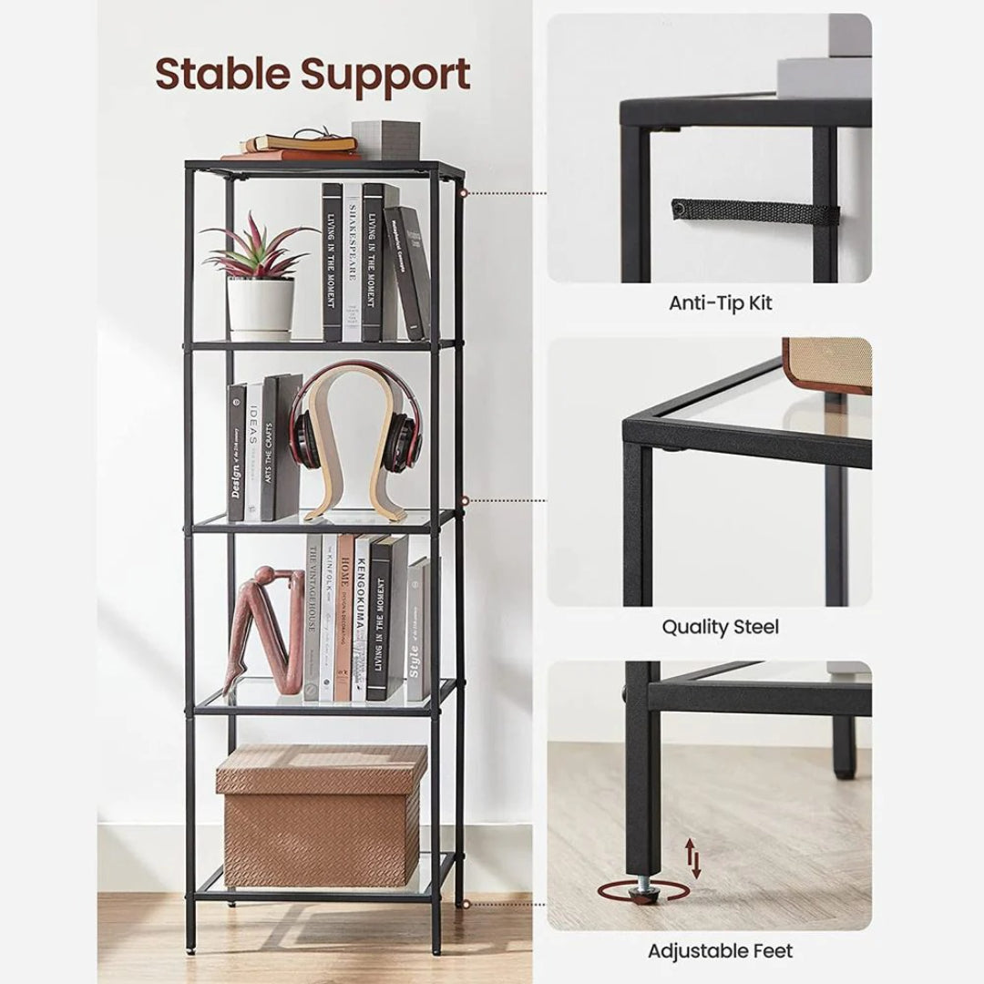 Tempered Glass Bookcase 4 Or 5 Tier Slim Shelving Unit