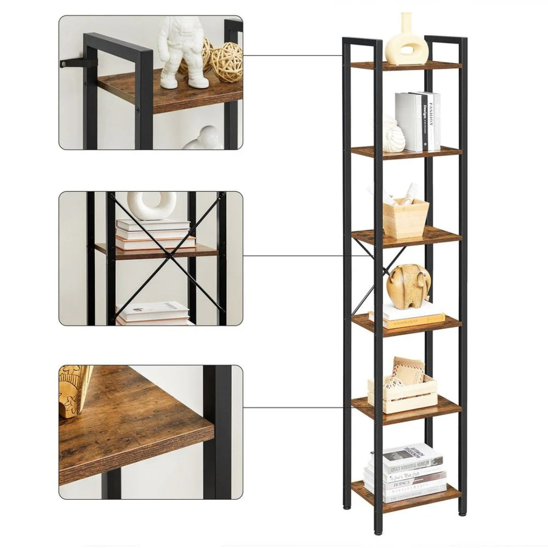 6 Tier Narrow Bookcase With Steel Frame Storage Shelf