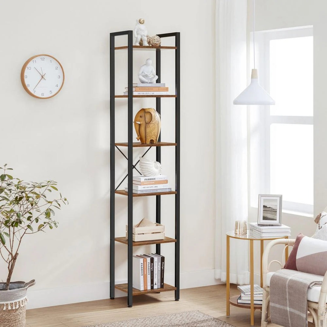 6 Tier Narrow Bookcase With Steel Frame Storage Shelf