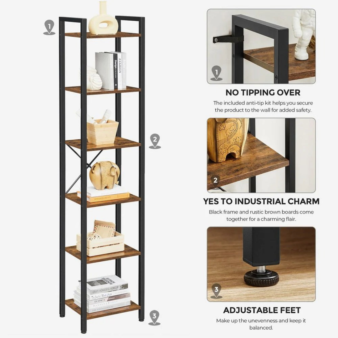 6 Tier Narrow Bookcase With Steel Frame Storage Shelf