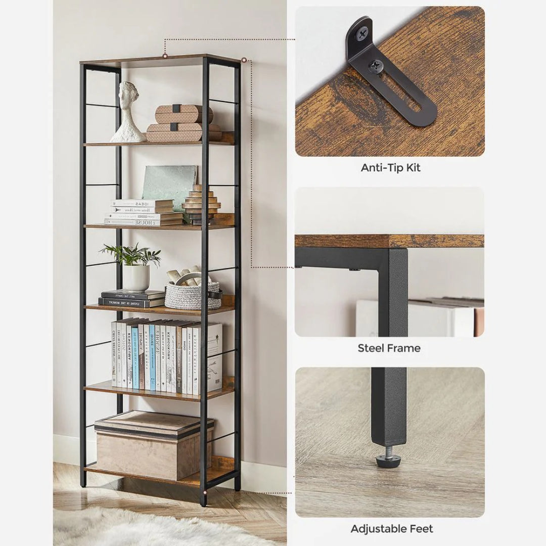 6 Tier Industrial Bookshelf, 70.1 Inch Storage Bookcase