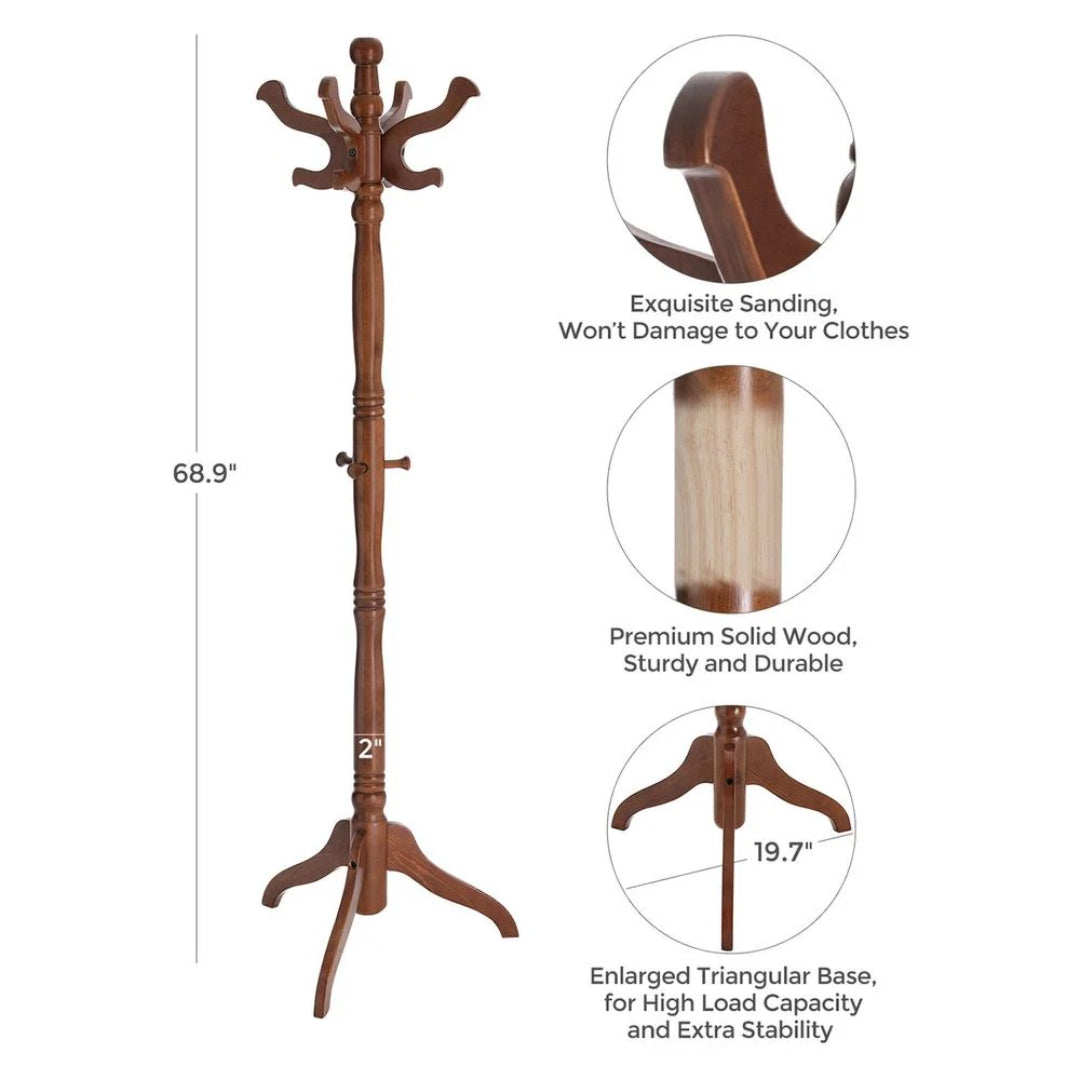 Freestanding Coat Rack With 11 Hooks, Solid Wood Stand