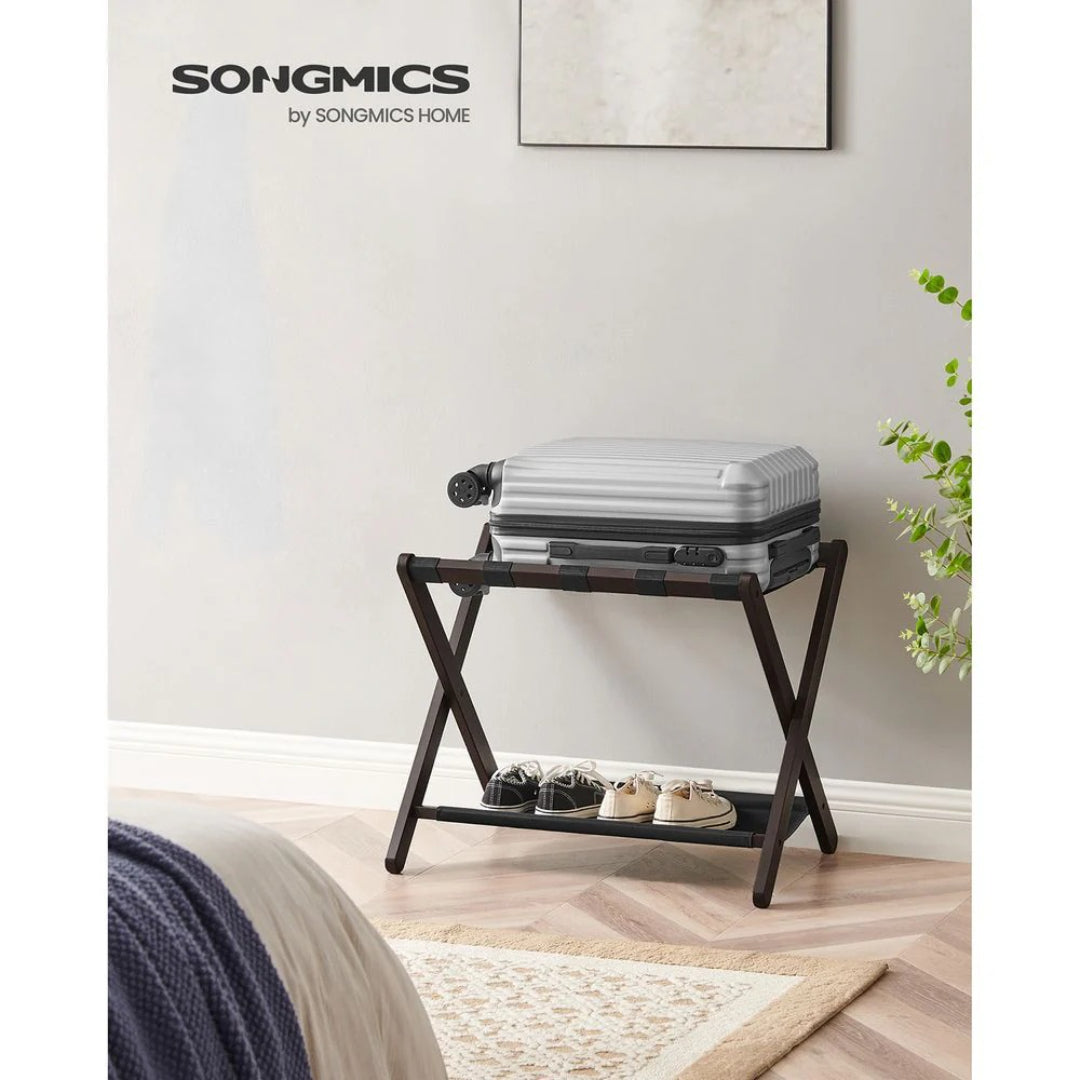 Folding Luggage Rack With Storage Shelf Bamboo Suitcase Stand