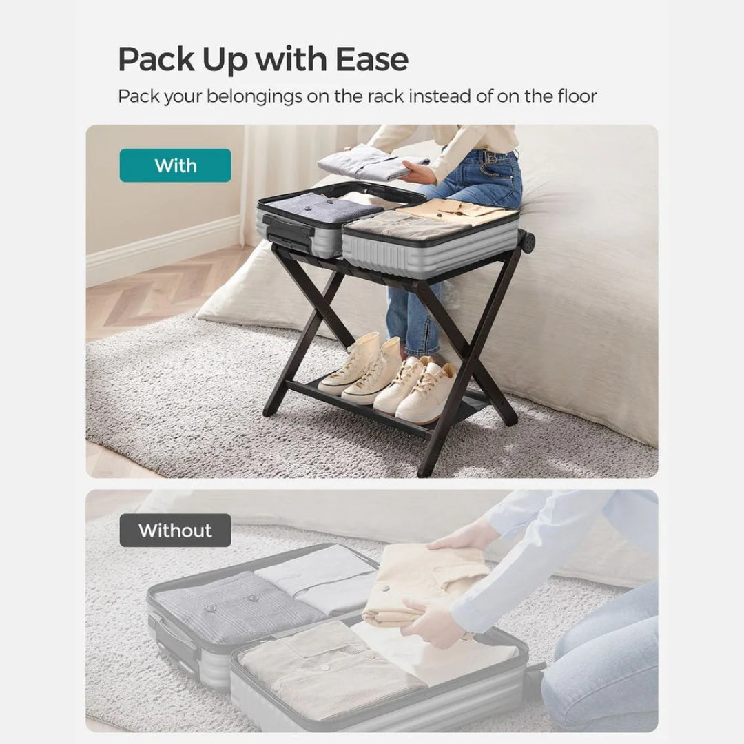 Folding Luggage Rack With Storage Shelf Bamboo Suitcase Stand