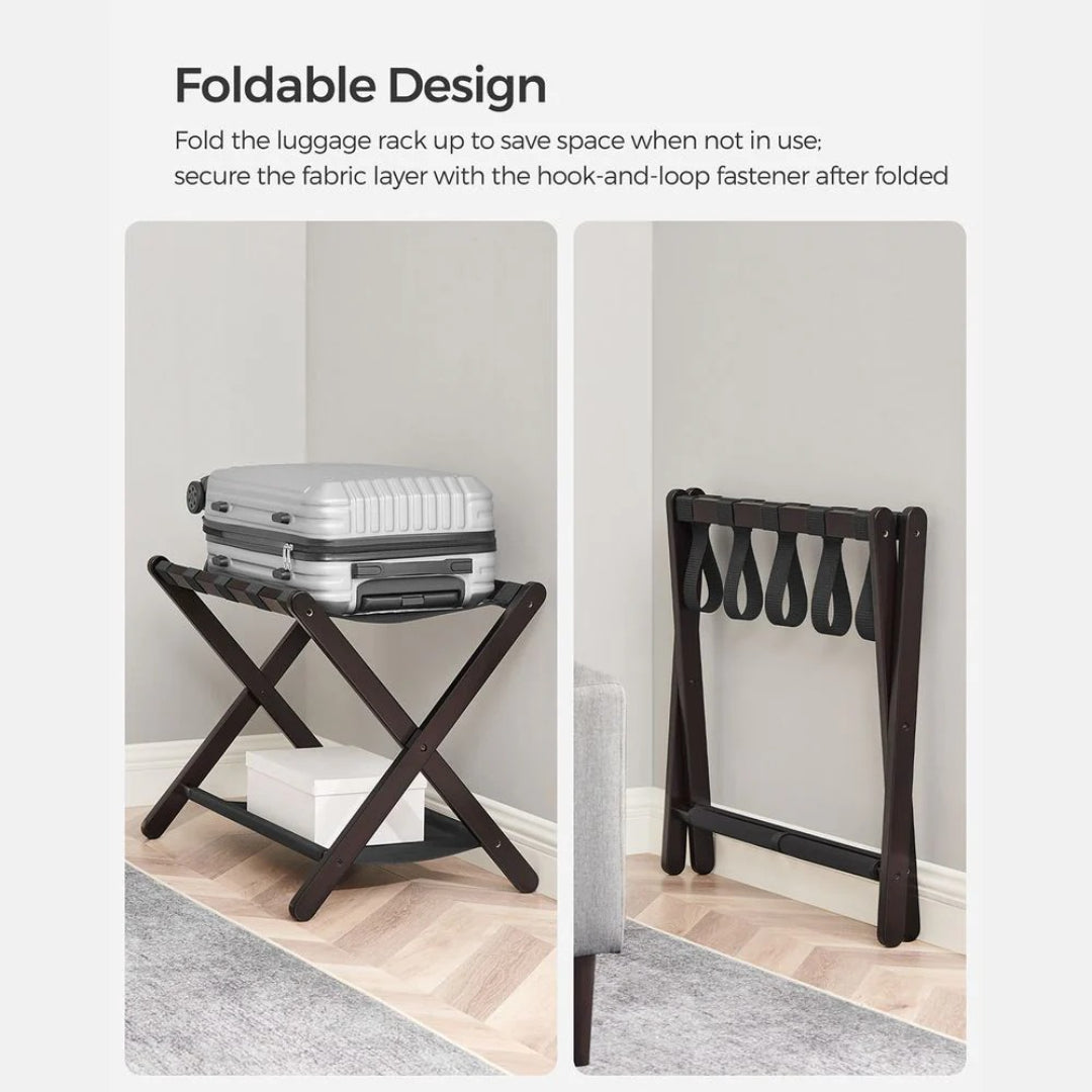 Folding Luggage Rack With Storage Shelf Bamboo Suitcase Stand