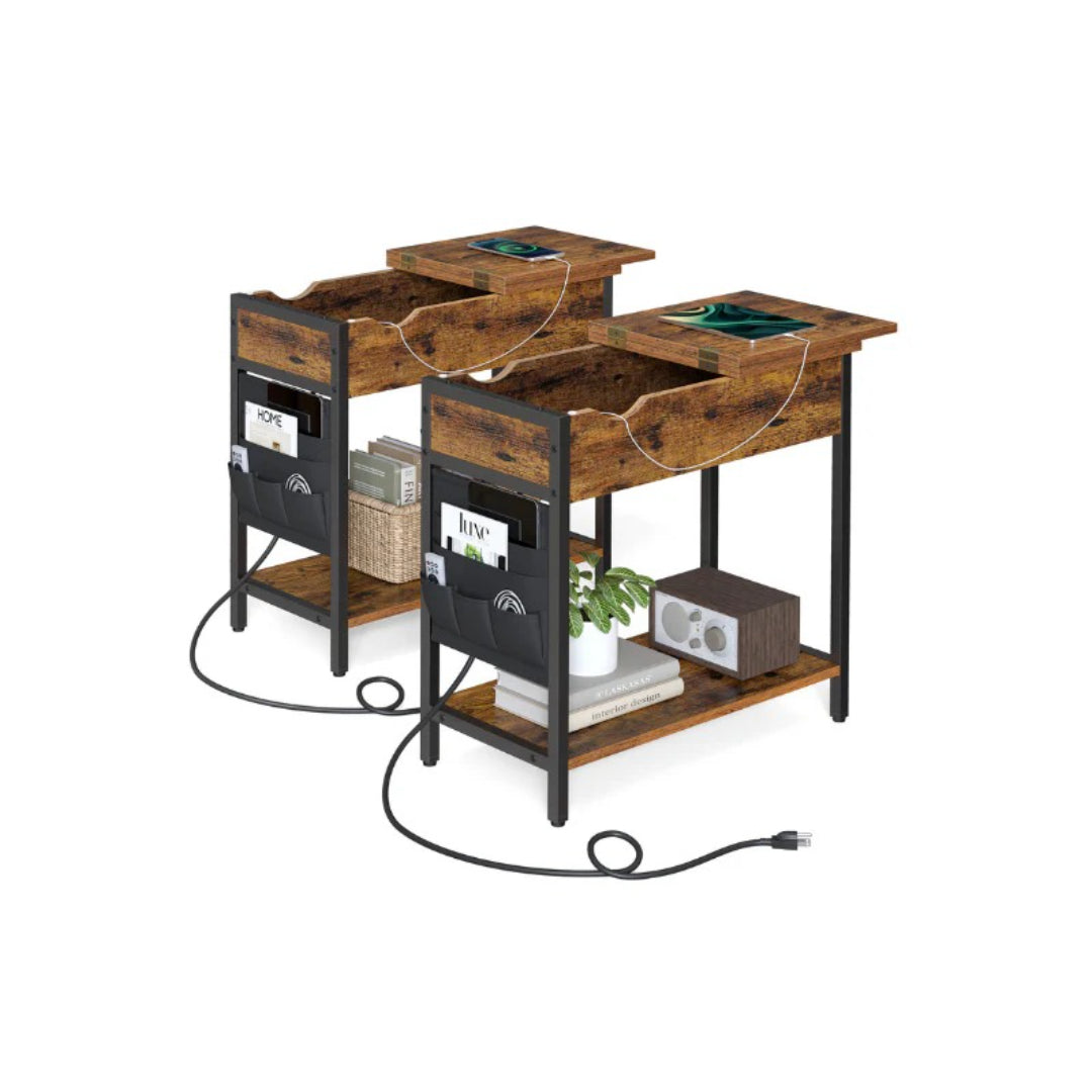 End Table With USB Ports And Power Outlets Storage Shelf