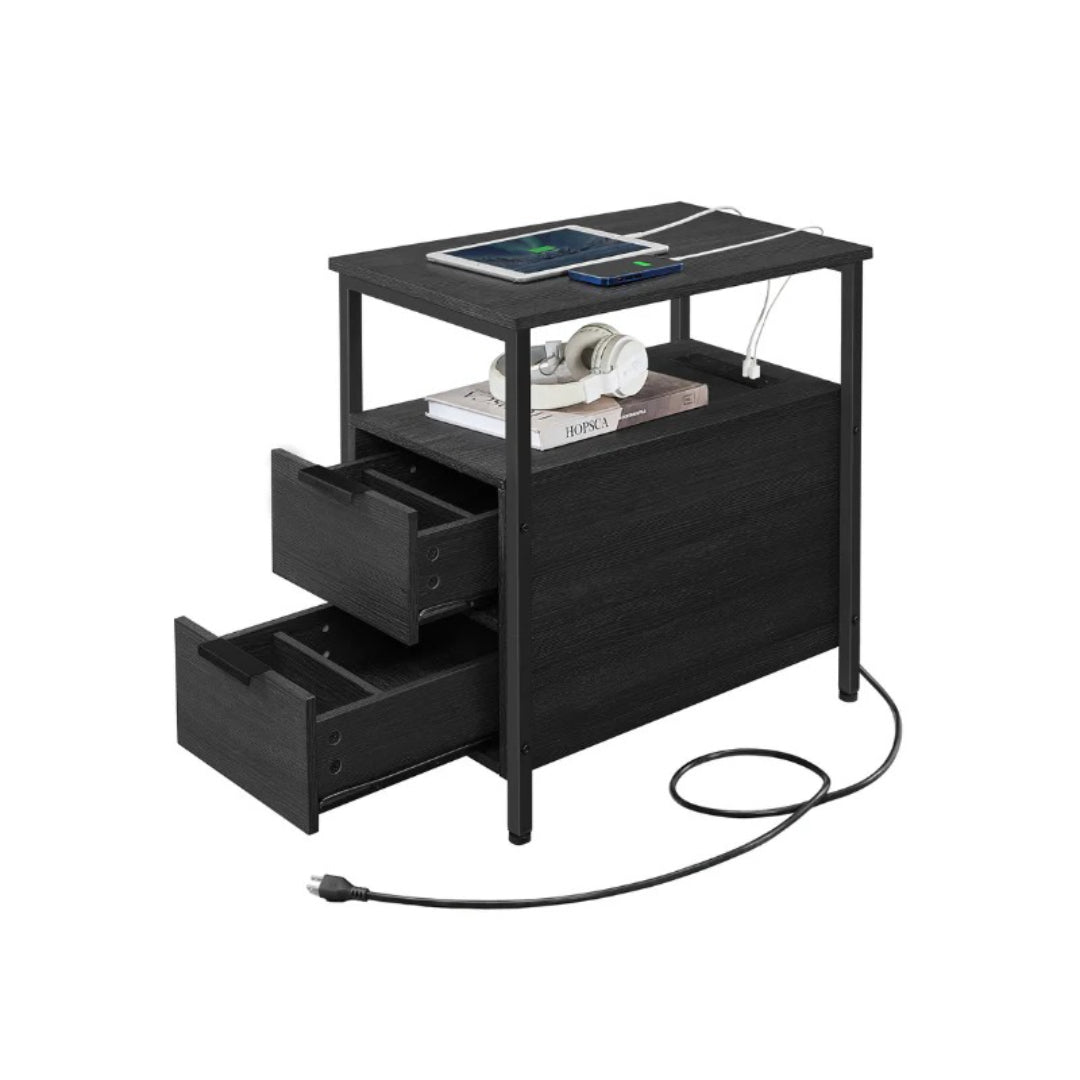 Narrow End Table With Charging Station And 2 Drawers