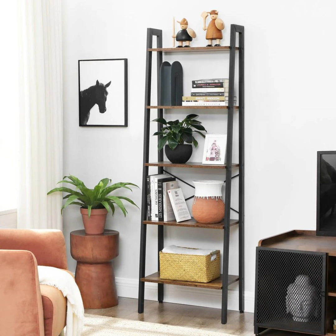 5 Tier Ladder Shelf With Steel Frame, 67.7 Inch Storage Rack