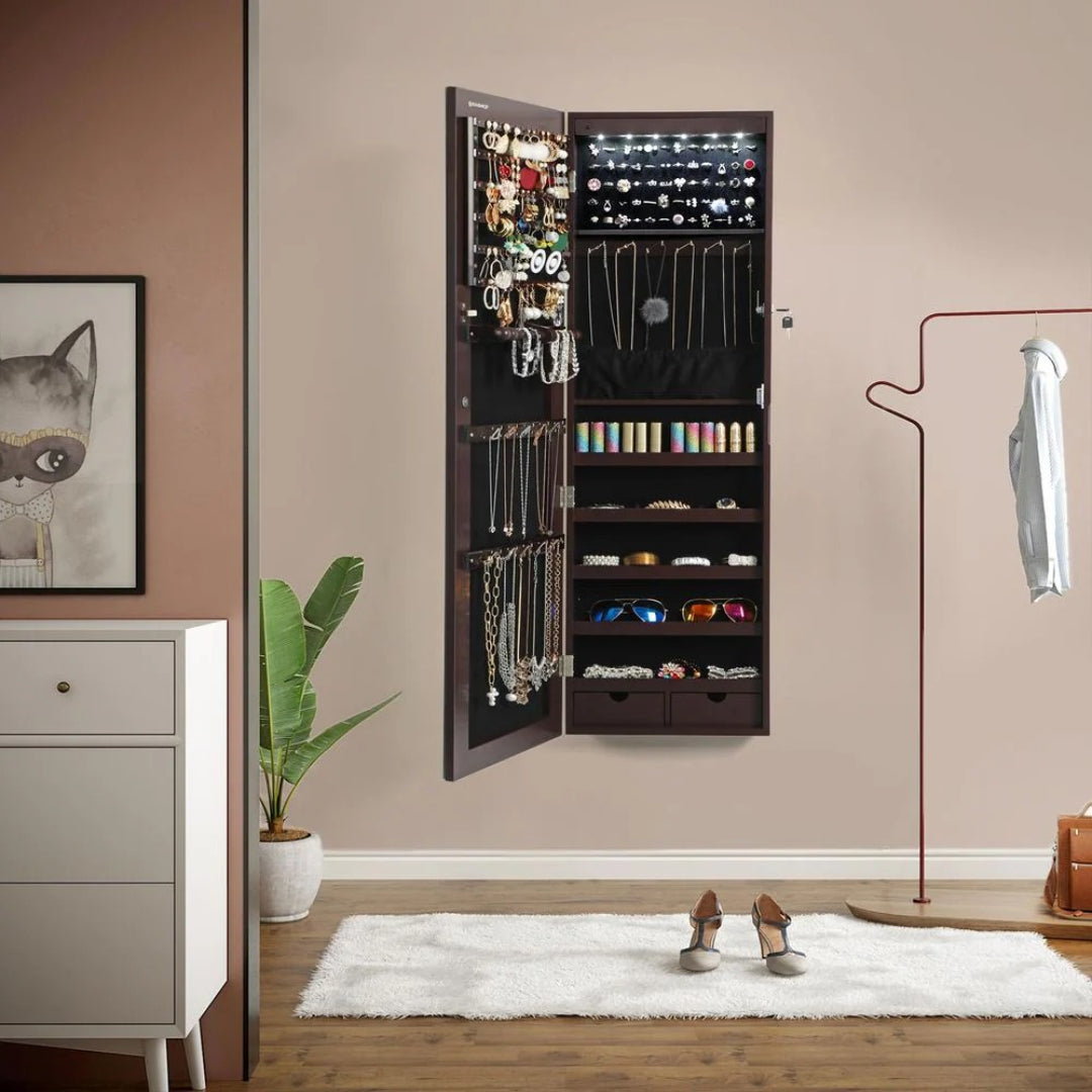 Wall Mounted Jewelry Armoire Cabinet With Mirror LED Lights