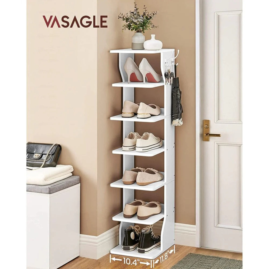 7 Tier Slim Shoe Rack With Hooks, Narrow Shoe Storage Organizer