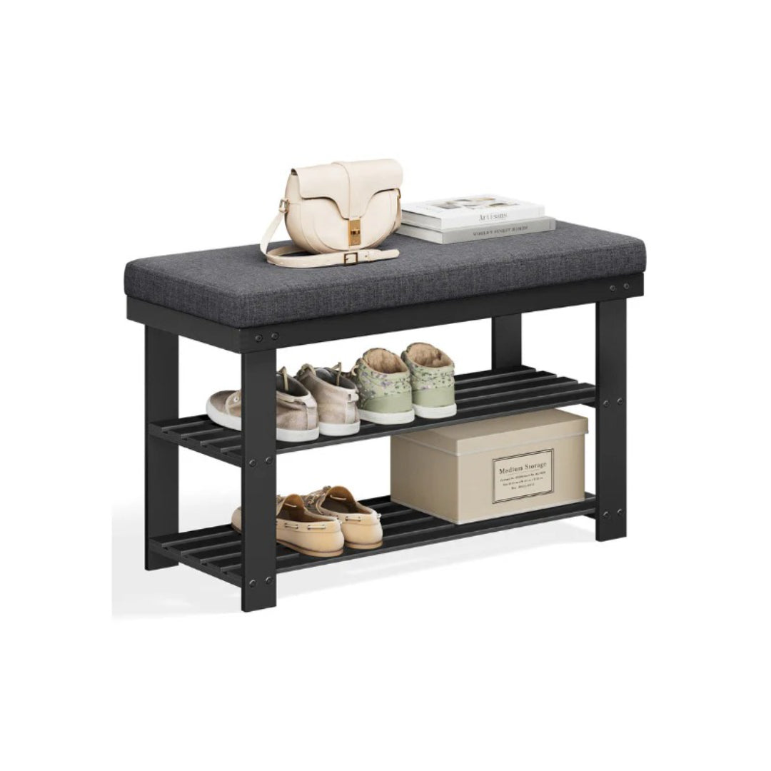 Shoe Organizer Bench With Cushion & 2 Shelves, 28 Inch Unit