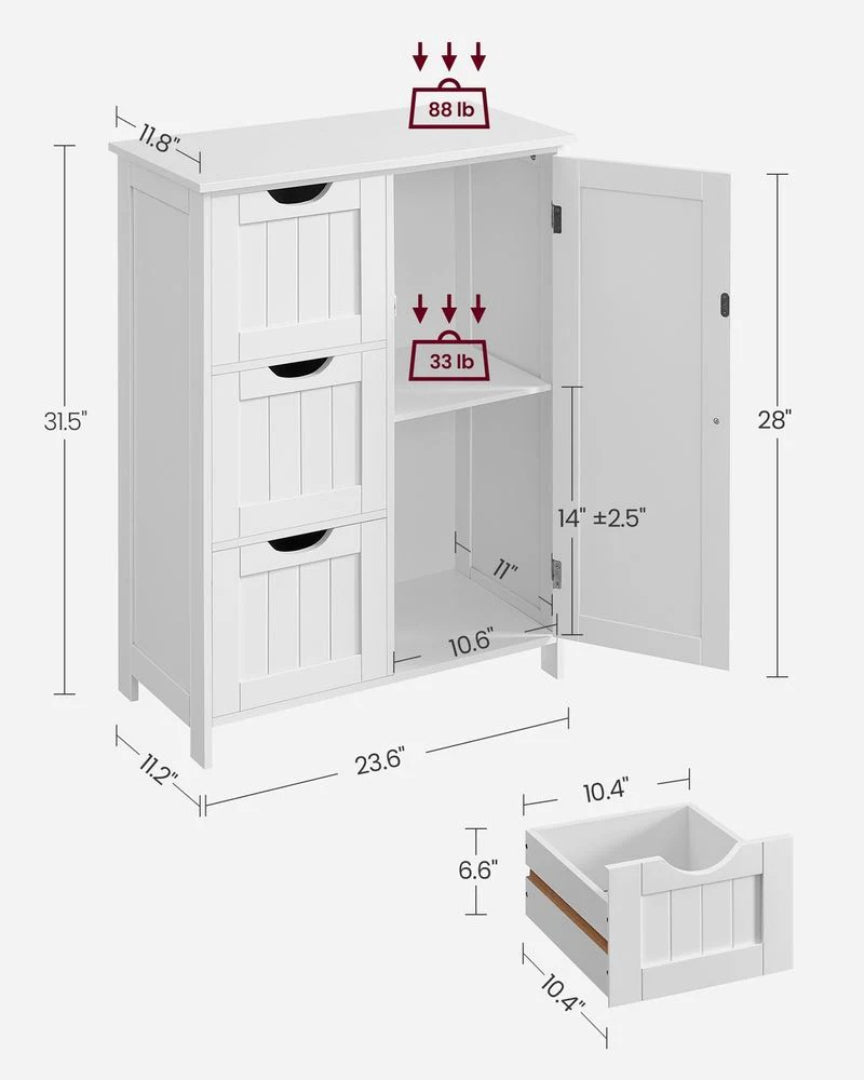 Bathroom Storage Cabinet With 3 Drawers Freestanding 23.6in Wide