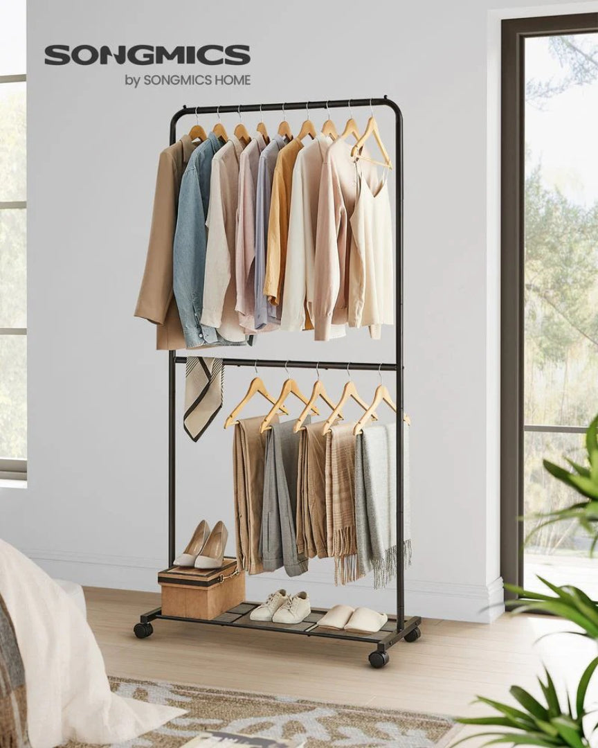 Clothes Rack Double Rod Rolling Garment Rack 35.8in Wide