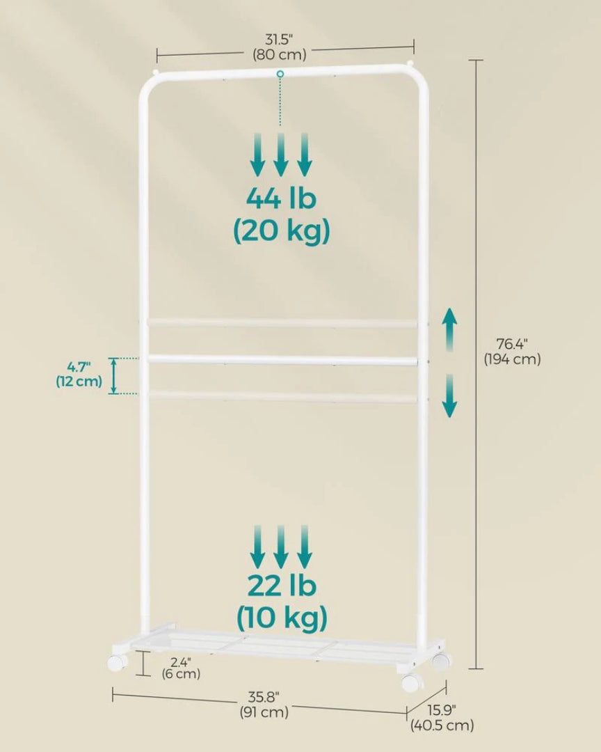 Clothes Rack Double Rod Rolling Garment Rack 35.8in Wide