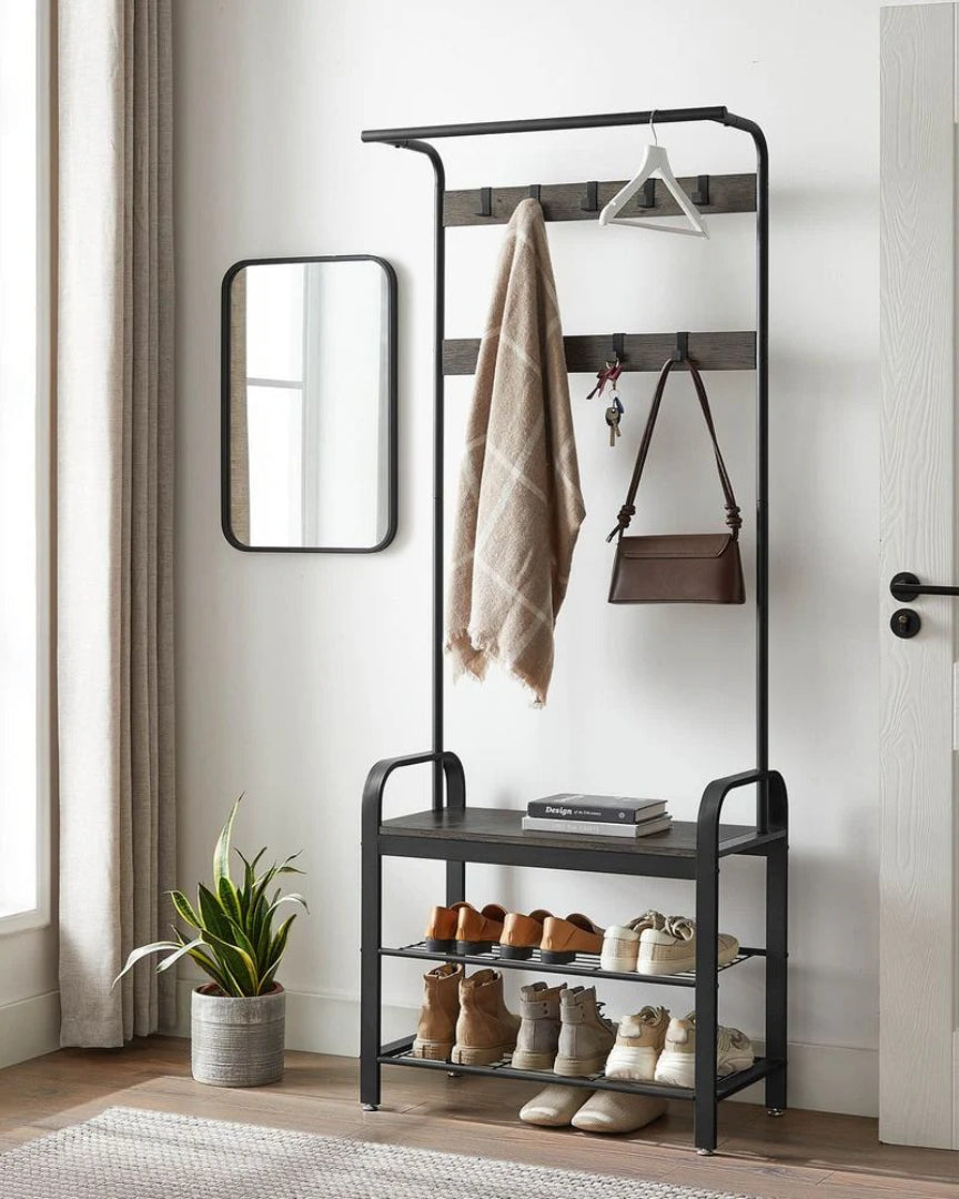 Industrial Coat Rack With Bench, Shoe Rack & 9 Hooks Hall Tree