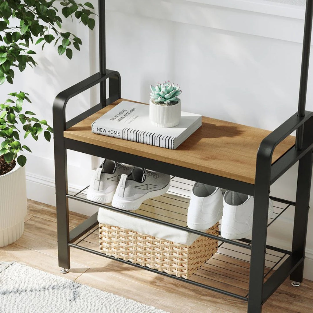 Industrial Coat Rack With Bench, Shoe Rack & 9 Hooks Hall Tree