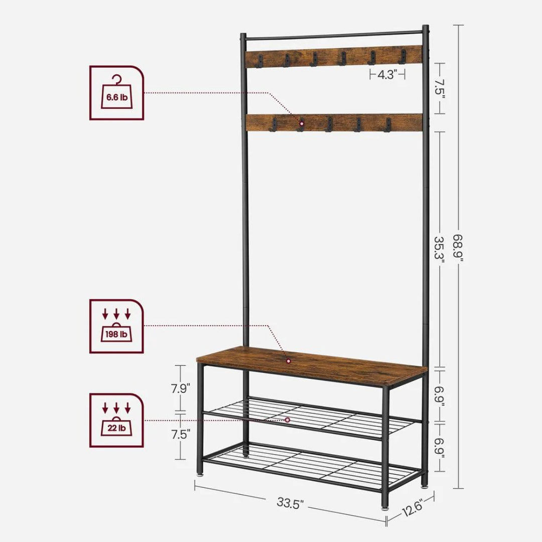 Hall Tree With Shoe Storage Bench & 9 Hooks Entryway Coat Rack