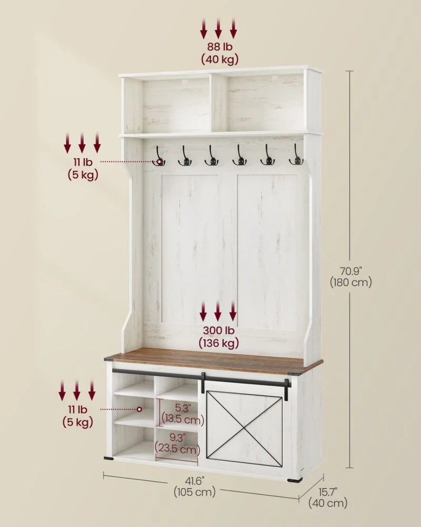 Hall Tree With Bench, Shoe Storage Cabinet & Hooks Entryway Unit