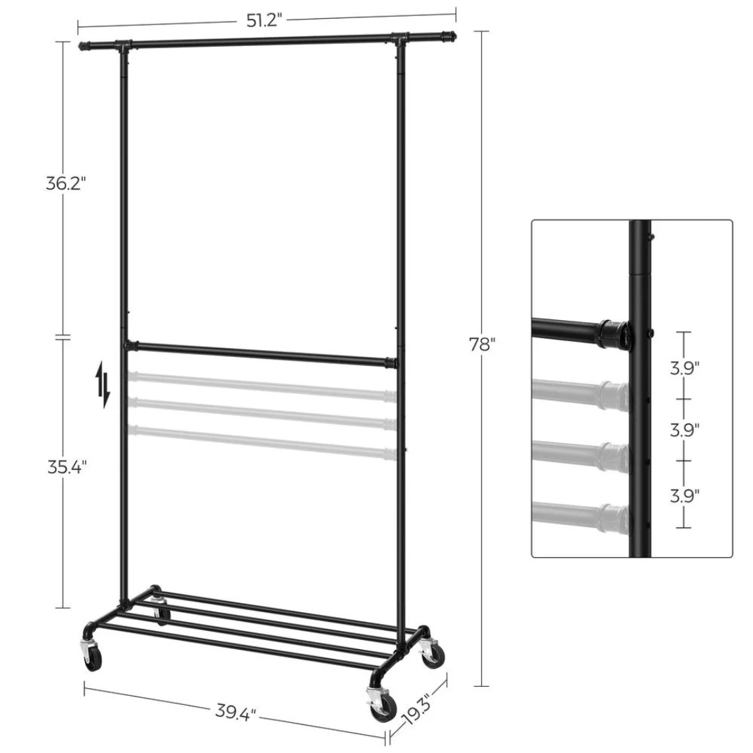 Clothing Rack Double Rod Rolling Garment Rack Heavy Duty