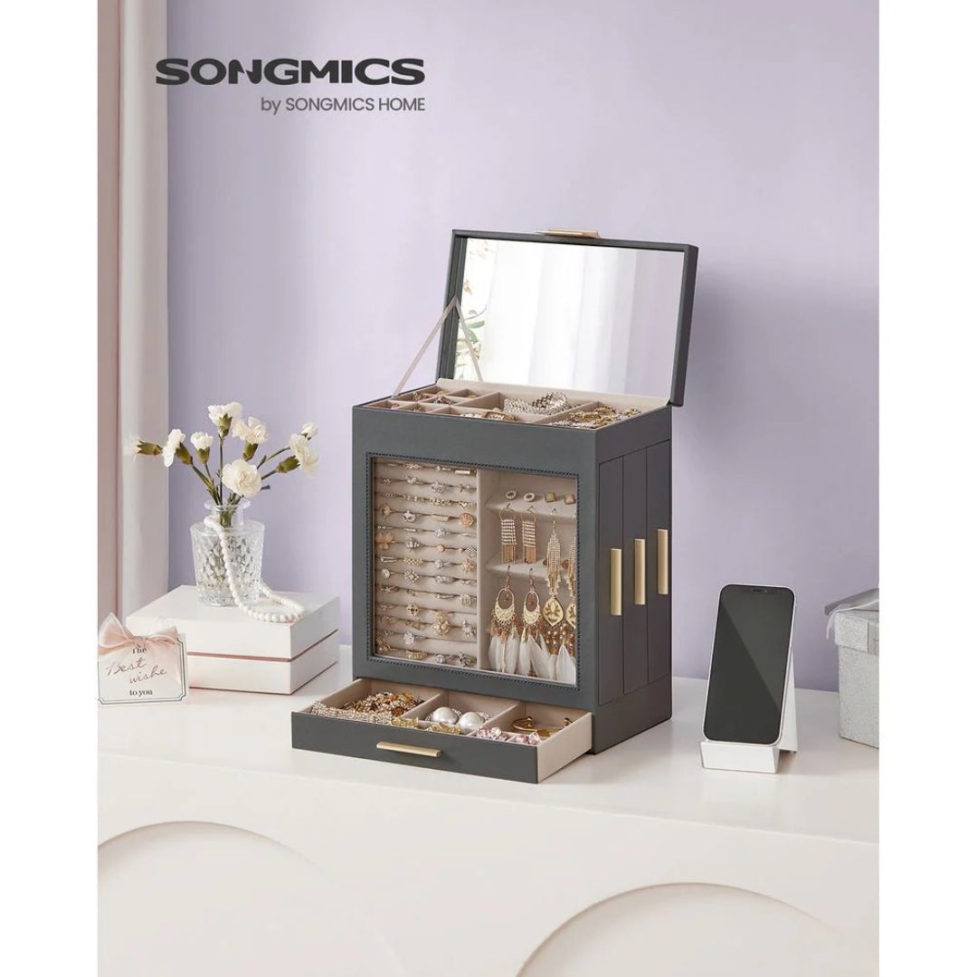 Jewelry Organizer Box With Mirror 5 Layer And Side Drawers