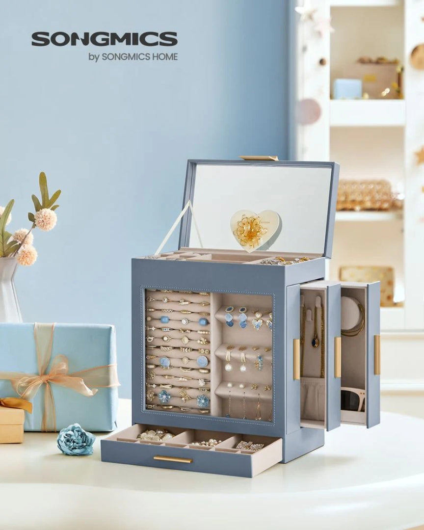 Jewelry Organizer Box With Mirror 5 Layer And Side Drawers