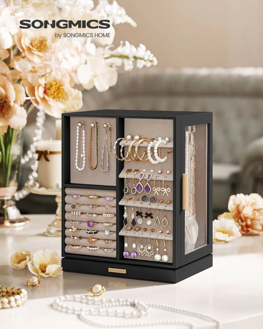 Rotating Jewelry Box Organizer With 5 Drawers And Hooks