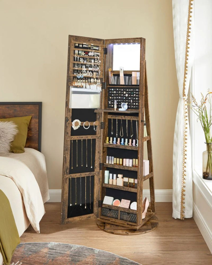 Jewelry Organizer Cabinet With Mirror LED Lights And Storage