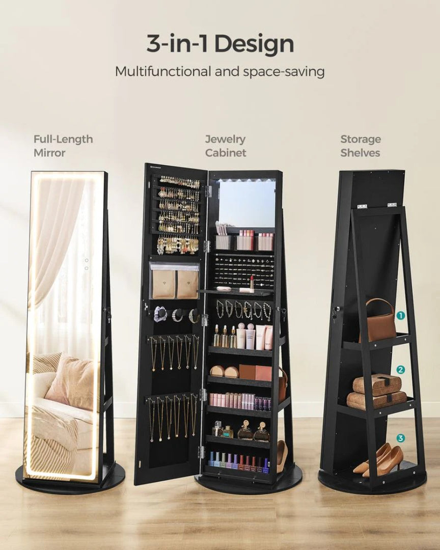 Standing Mirror Jewelry Cabinet With LED Lights And Storage