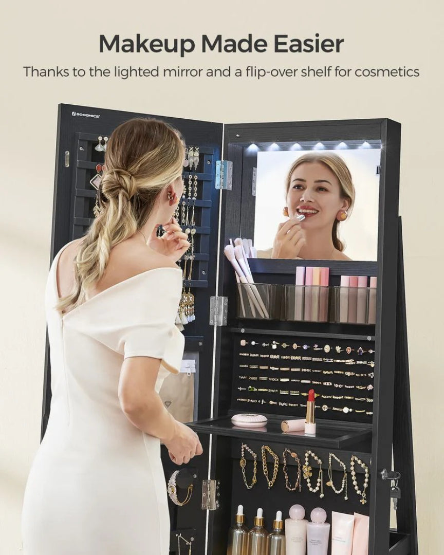 Standing Mirror Jewelry Cabinet With LED Lights And Storage