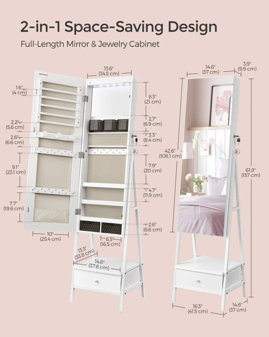 Lockable Jewelry Armoire With Full Length Mirror And Storage