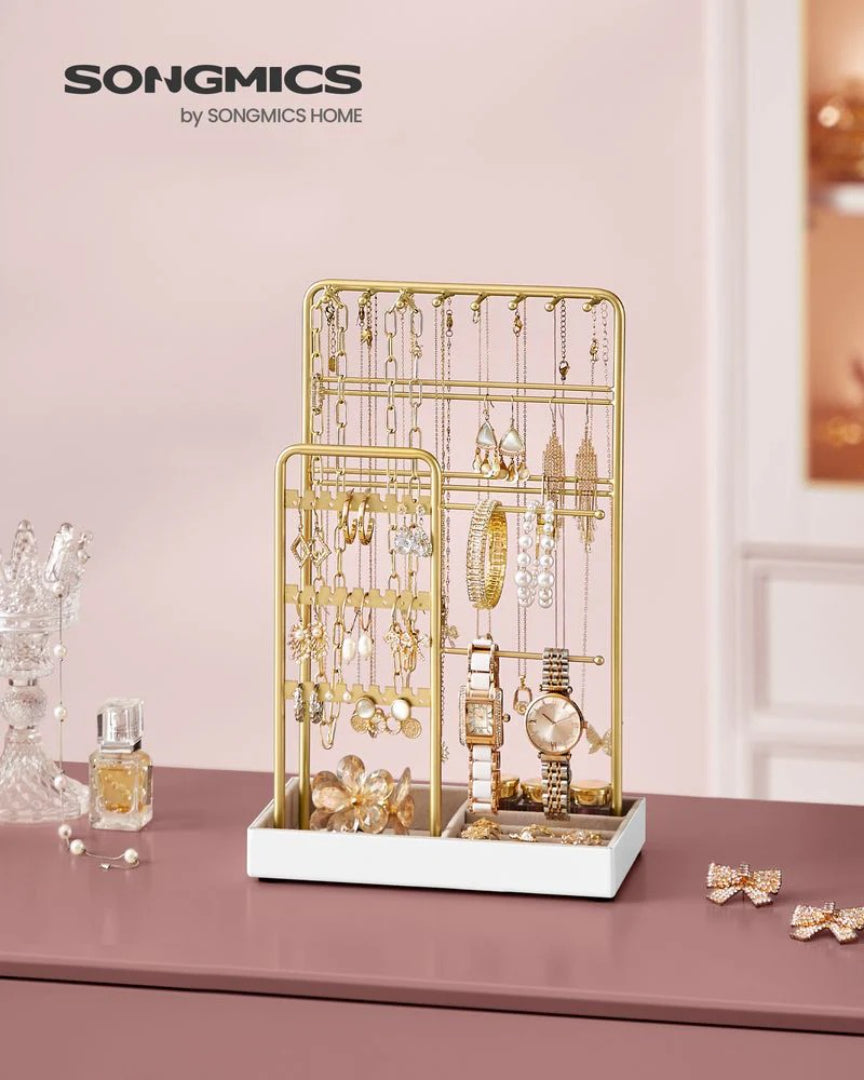 Jewelry Holder Stand With Metal Frame And Velvet Tray