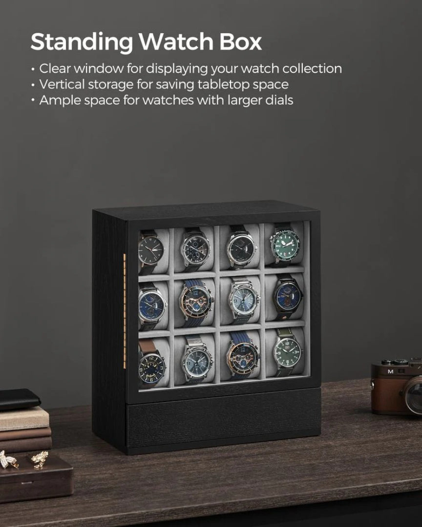 Wooden Watch Box 12 Slot Organizer With Glass Window