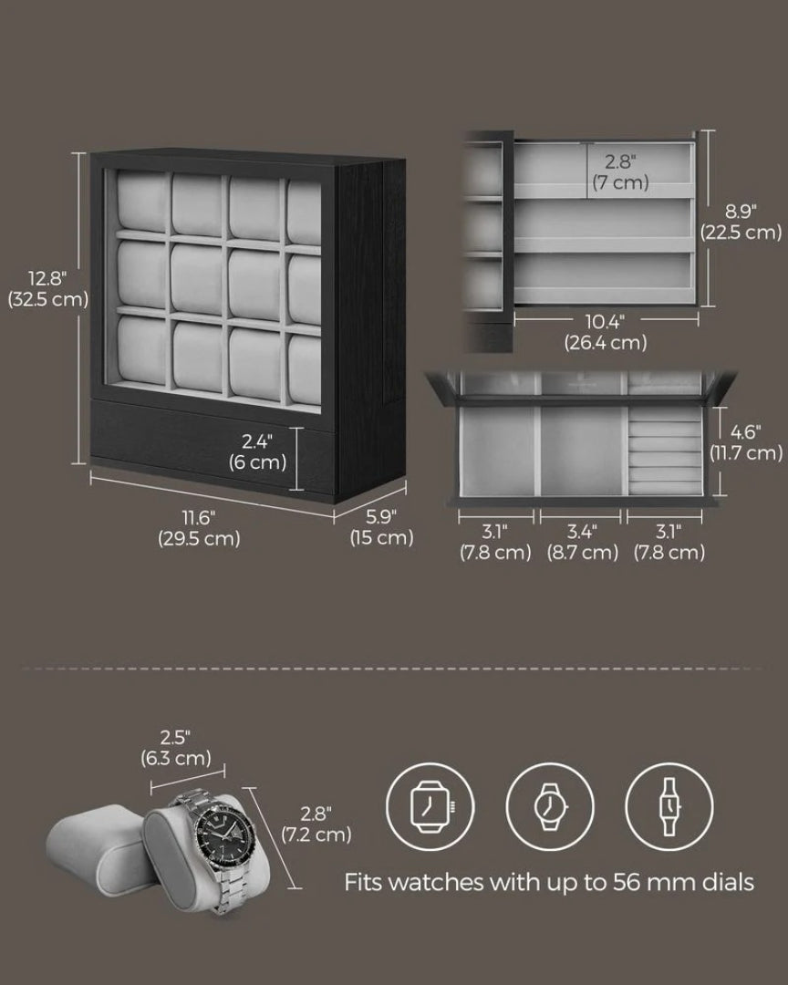 Wooden Watch Box 12 Slot Organizer With Glass Window