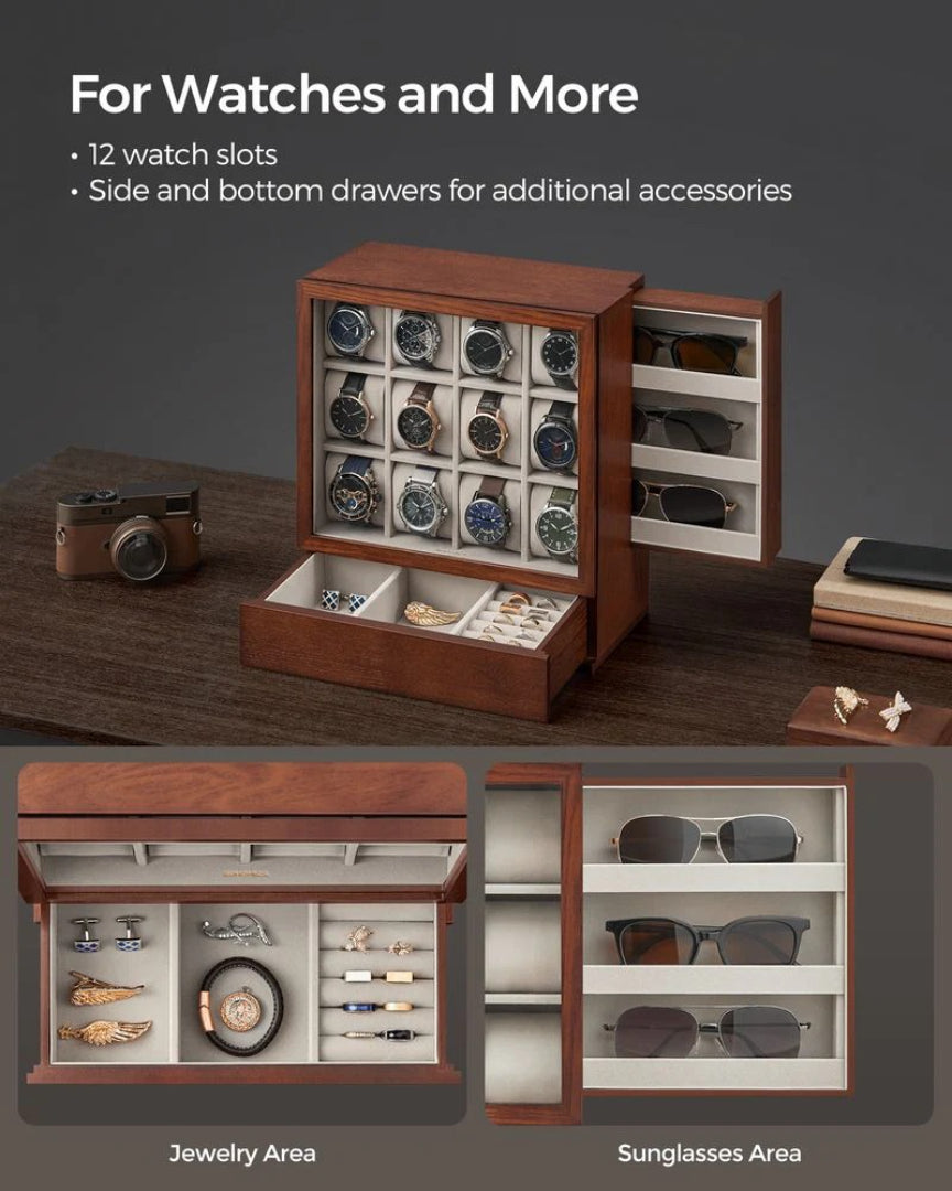 Wooden Watch Box 12 Slot Organizer With Glass Window