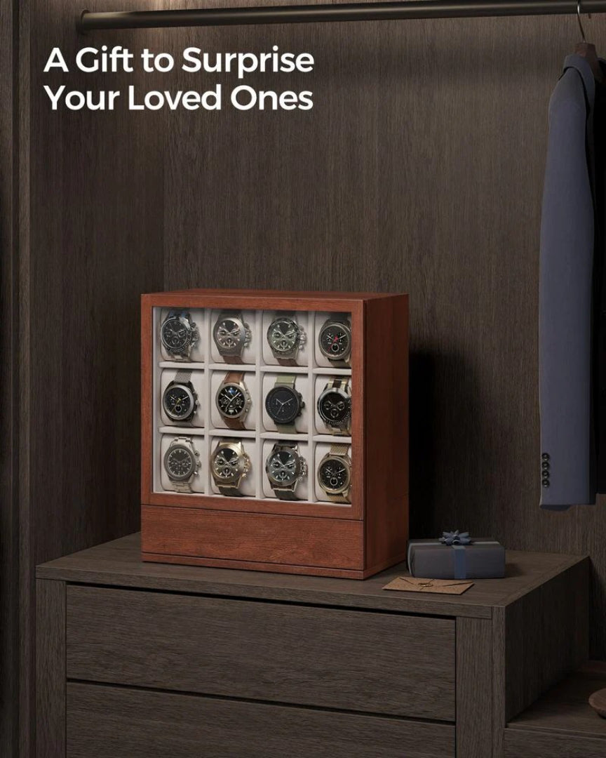 Wooden Watch Box 12 Slot Organizer With Glass Window
