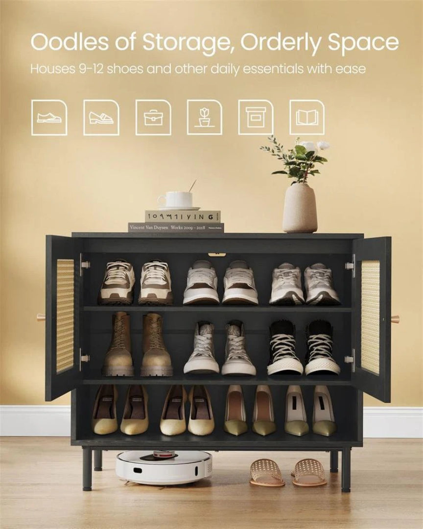 Rattan 3-Tier Shoe Cabinet with Adjustable Shelf, Entryway Storage