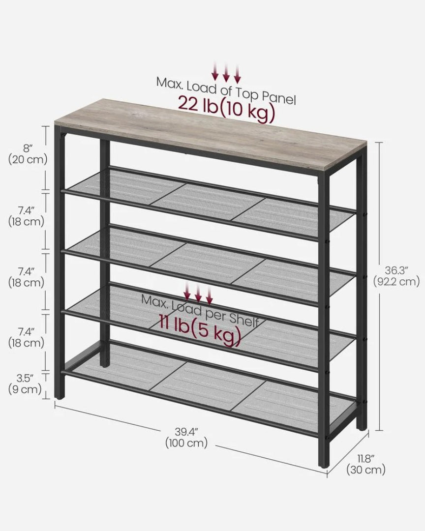 5 Tier Shoe Rack With Mesh Shelves & Storage Top Organizer