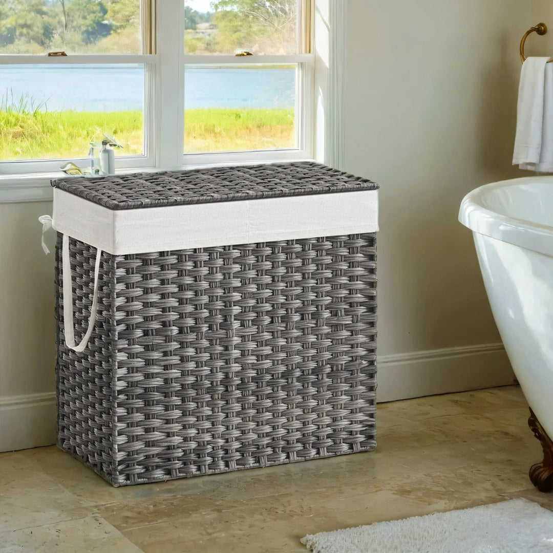 Laundry Hamper With Lid 34 Gallon 2 Section Rattan Basket