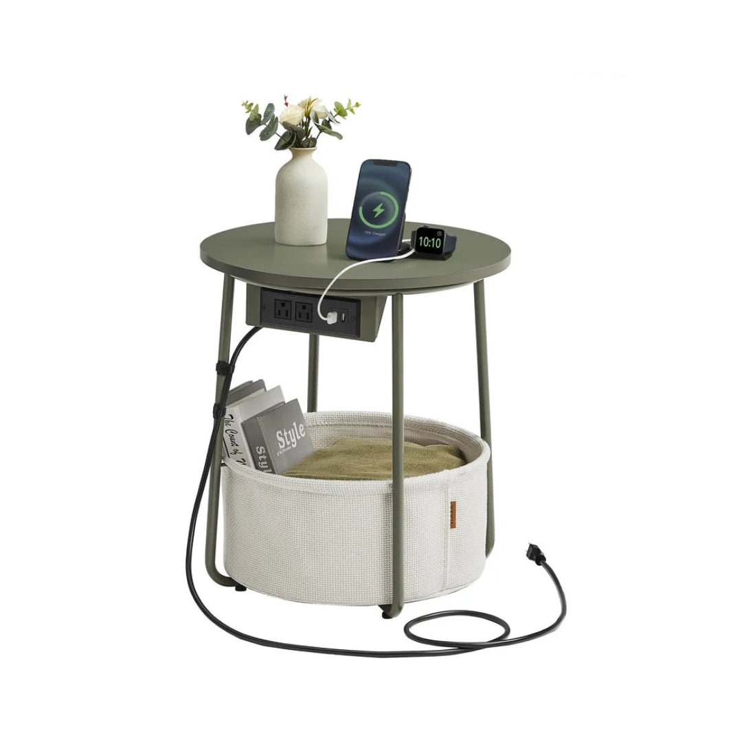 Round Side Table with Charging Station and Fabric Basket Storage