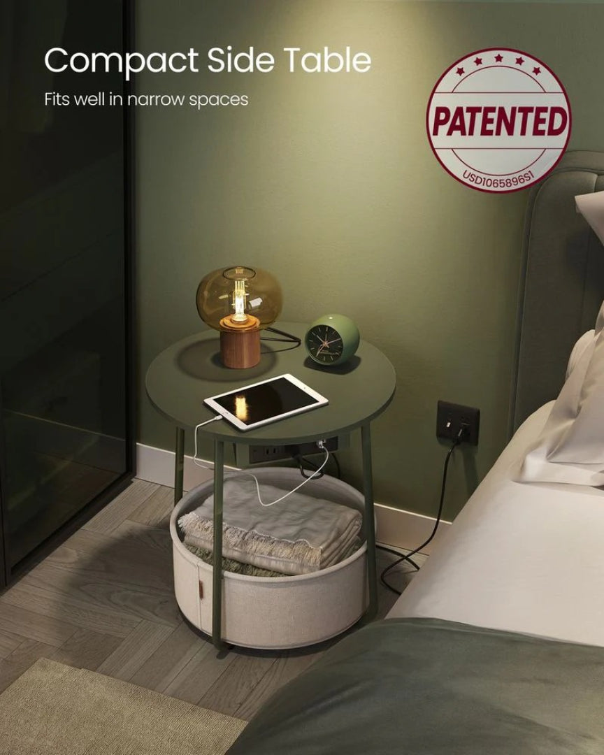 Round Side Table with Charging Station and Fabric Basket Storage