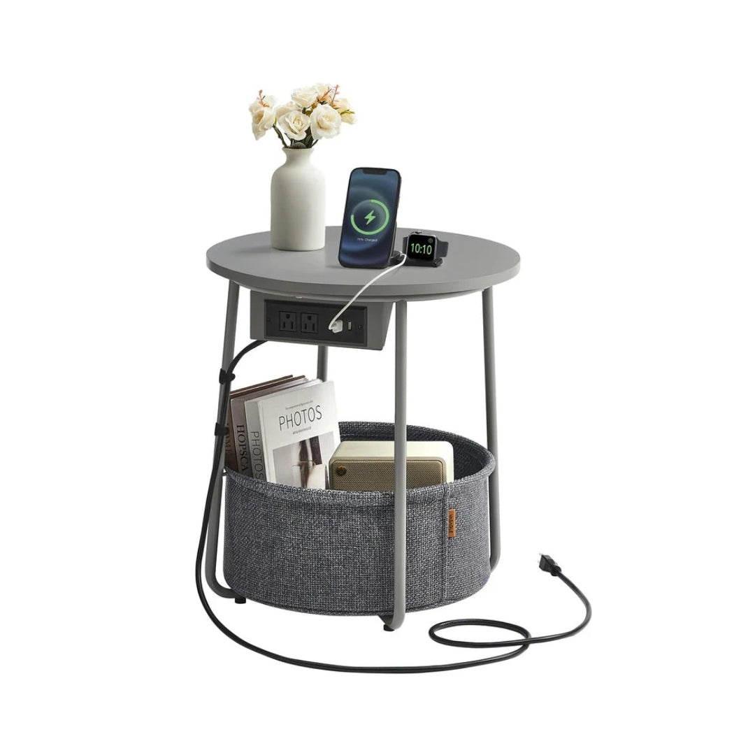 Round Side Table with Charging Station and Fabric Basket Storage