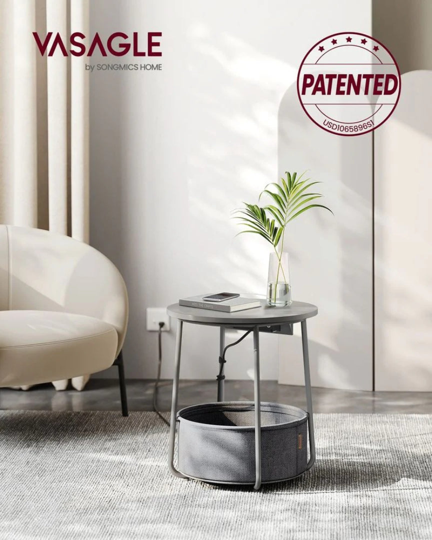 Round Side Table with Charging Station and Fabric Basket Storage