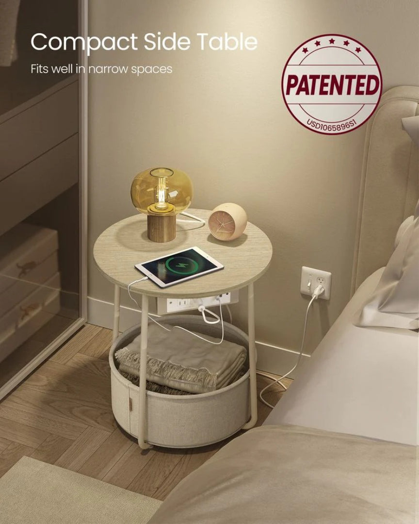 Round Side Table with Charging Station and Fabric Basket Storage
